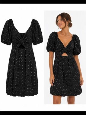 H&M Black Polka Dot Puff Sleeve Twist-Front Mini Dress
